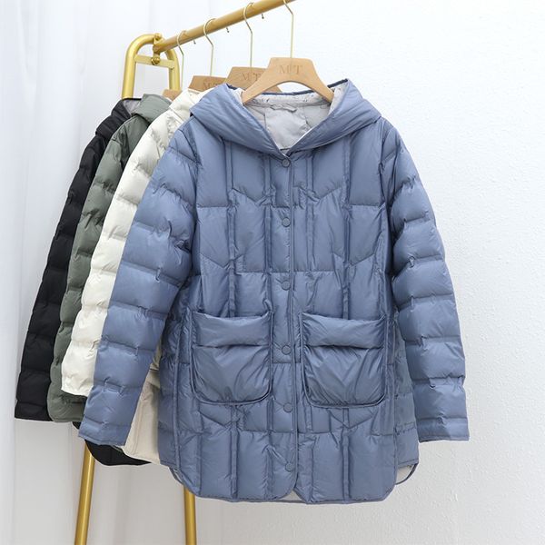 

women's down parkas autumn winter warm midi long hooded coat women light white duck jacket female loose bigsize puffer outwears 221205, Black