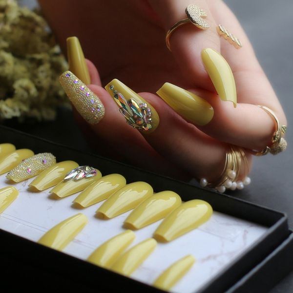 

nail practice display lemon yellow ballet false nails cute summer fake nails coffin ab rainbow small diamond press on nails adhesive tabs st