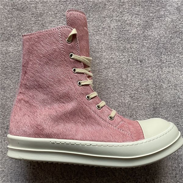 

2022ss real pink fur sewing line ramones rock boots handmade punk street trainer flat sneakers botas, Black