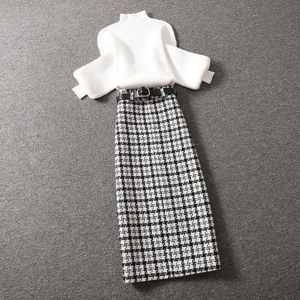 

two piece dress lantern sleeve half high collar soft knitted sweater vintage plaid waist belt skirts twopiece set womens outifits suit 22120, White