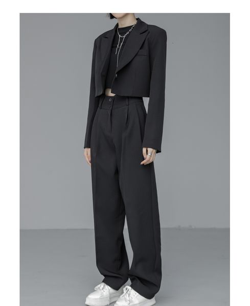 

women's two piece pants loose women full sleeve short blazers jackets suits female casual ol quality trouser 2 pieces set spring autumn, White