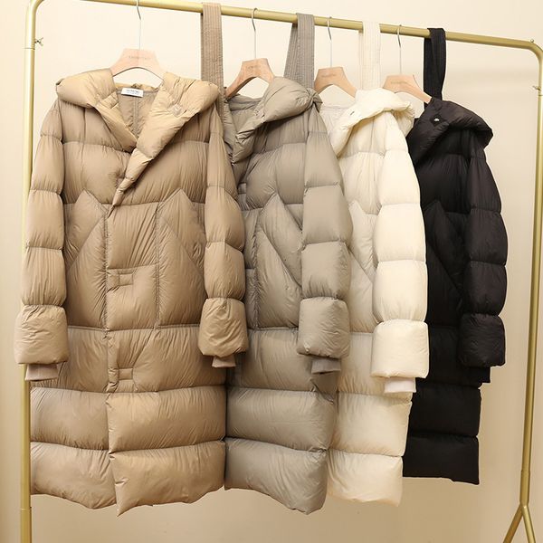 

women's down parkas winter thickened 90 white duck down ladies long jacket hat simple wind bread 221205, Black
