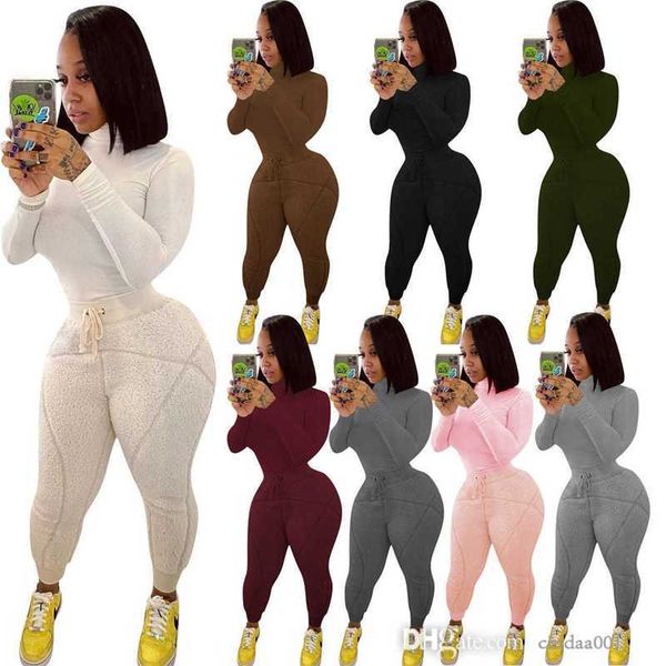 

womens high collar slim suit winter rib plush sports leisure tracksuits solid color two piece outfits, Gray