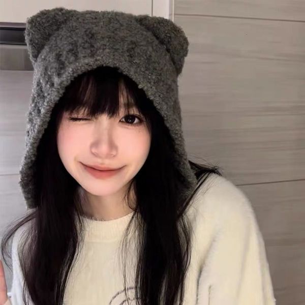 

beanieskull caps cute teddy bear ear hat womens winter warmth wool plush protection knitted baotou warm cold cap 221205, Blue;gray