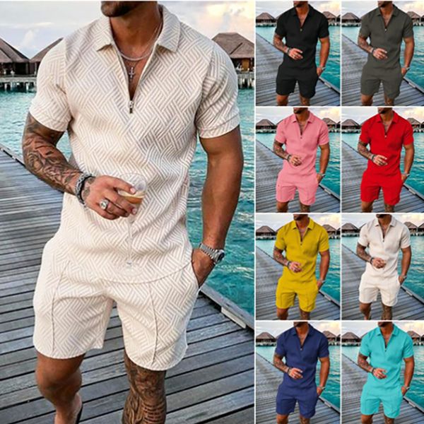 

men's tracksuits polo shirtsshorts sets summer solid color two-piece tracksuit men casual zipper fitness suits male streetwear 221206, Gray