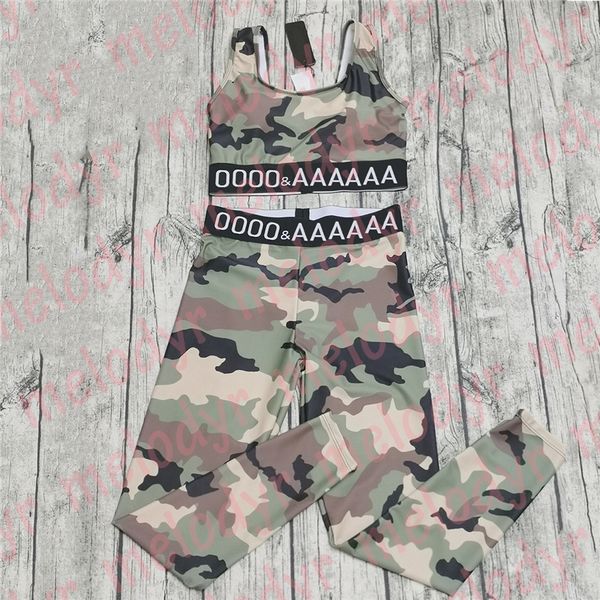 

yoga vest pants set tracksuit women summer sportswear camouflage letter sport suit high elastic, Black