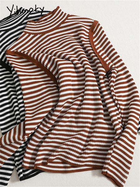 

women s sweaters yitimoky striped sweater for women fall korean fashion mock neck jumpers office ladies slim elegant casual pullovers 221206, White;black