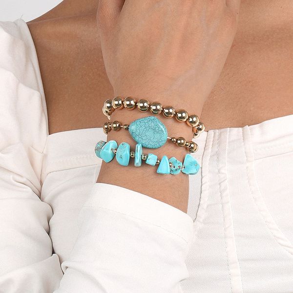 

bohemian natural stone bracelet set for women fashion novelty colorful beads bangle gift jewelry, Golden;silver