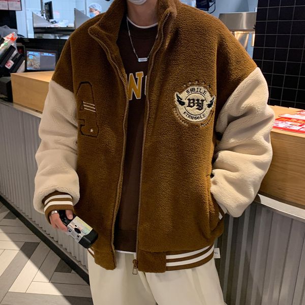 

mens jackets embroidery winter mens and womens couple jackets fashion casual fleece warm coat comfortable fleece baseball jacket for men 221, Black;brown