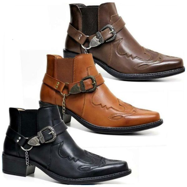 

boots vintage cowboy for men leather high iron chain buckle strap punk shoes pointed toe motorcycle fashion 221207, Black