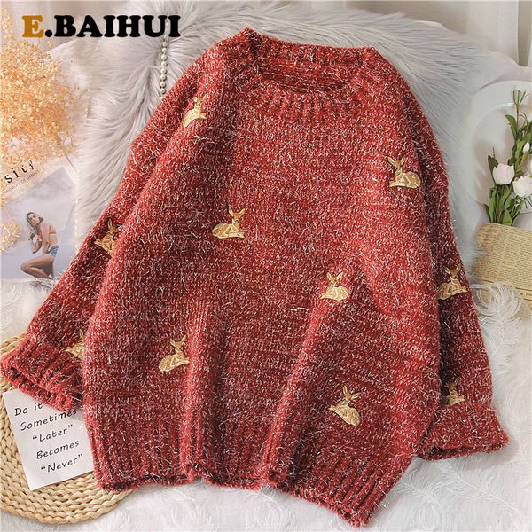 

women s sweaters ebaihui gold ulzzang vintage college deer embroidery sweater female thick cute loose harajuku clothing 221206, White;black