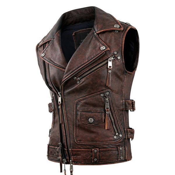 

men's leather faux vintage brown motorcycle vests men natural cowhide genuine jacket sleeveless riding vest motor biker jackets 221206, Black