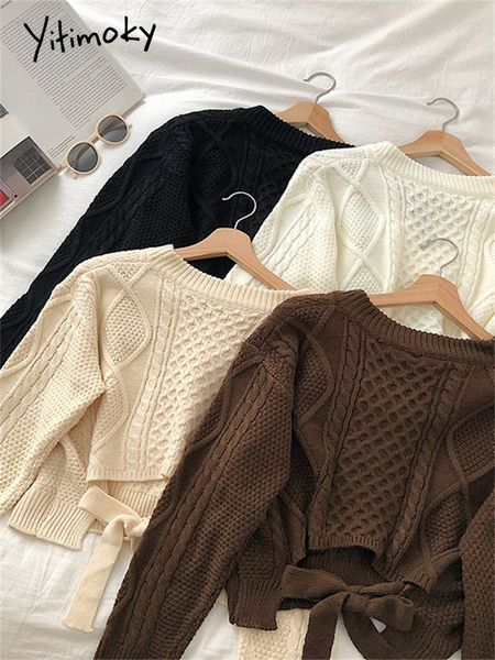 

women s sweaters yitimoky sweater women knitted pullover autumn winter korean fashion jumper cropped long sleeve bandage clothes vintage 221, White;black