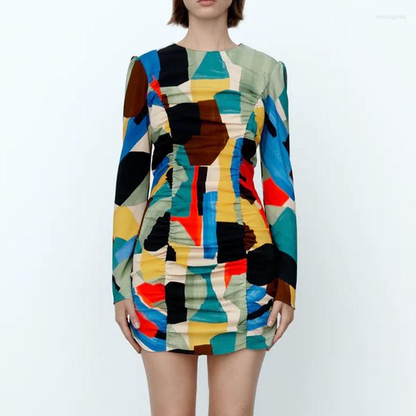 

casual dresses 2022 women autumn fashion print folds mini dress vintage o-neck long sleeve female party chic vestidos mujer, Black;gray