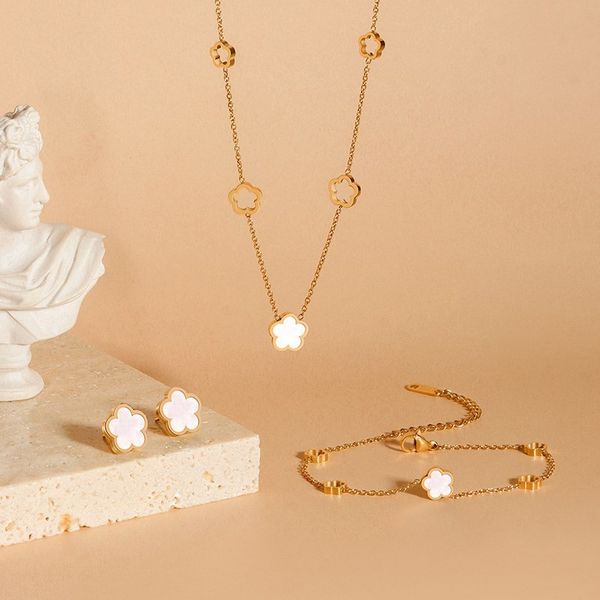 

wedding jewelry sets poxam white shell flower stainless steel for women luxury elegant earrings necklaces bracelest fashion gifts 221207, Slivery;golden