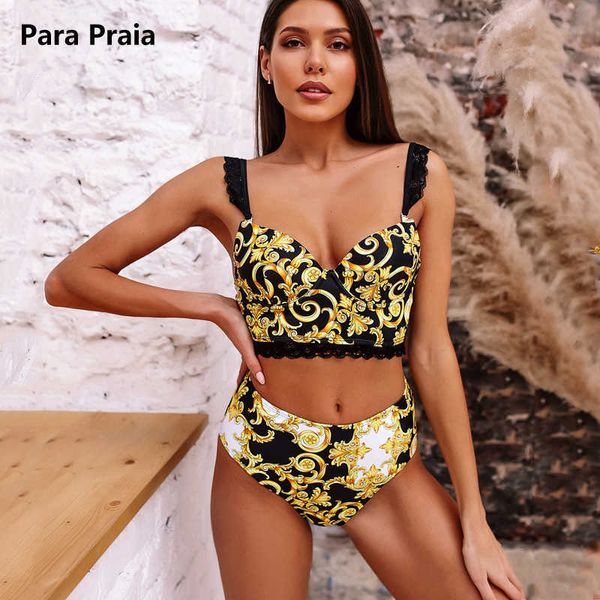 

bras sets para praia vintage print bikini set female lace string swimsuit women bandeau bikini high waist beachwear swimwear t221206, Red;black