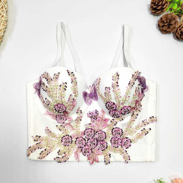 

stereoscopic butterfly beaded flower vest with embroidered beads on the inside and outside, White