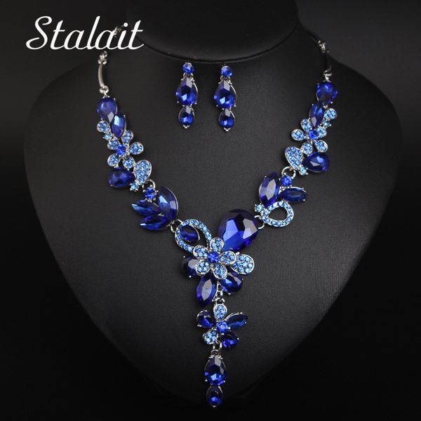 

wedding jewelry sets luxury big blue water drop flower crystal bridal women statement gold color necklace earrings set for 221207, Slivery;golden