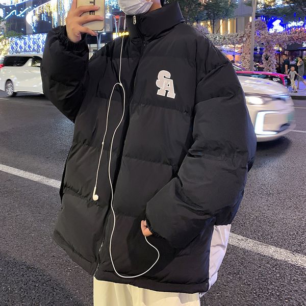 

men s down parkas hybskr winter warm cotton padded for men harajuku stand collar letter graphic male coats korean thicken jackets 221206, Black