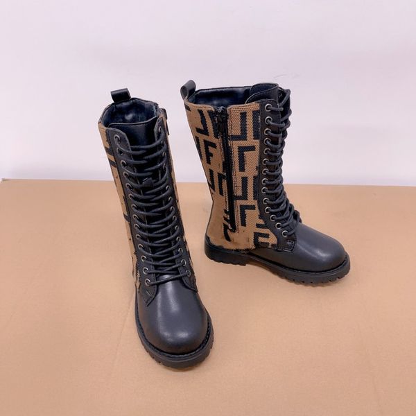 

kids children f letter rockoko half knee boot boys girls brown black leather combat boots designer luxury fabric platform winter booties bab