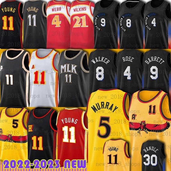 

dejounte murray trae young 5 spud 4 webb 11 patrick 33 ewing julius 30 randle derrick rose kemba walker rj barrett knick basketball jerseys, Black