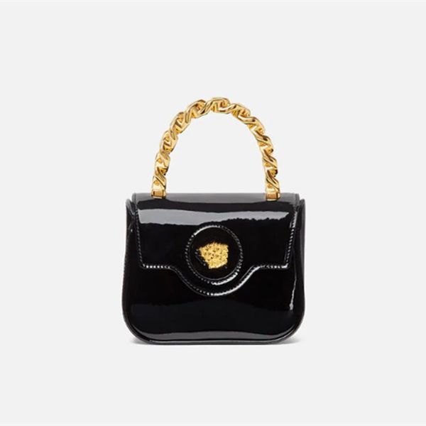 

new explosion women's bags la handbag mini bag black patent leather crafted handle shoulder strap magnetic button closure chain designe
