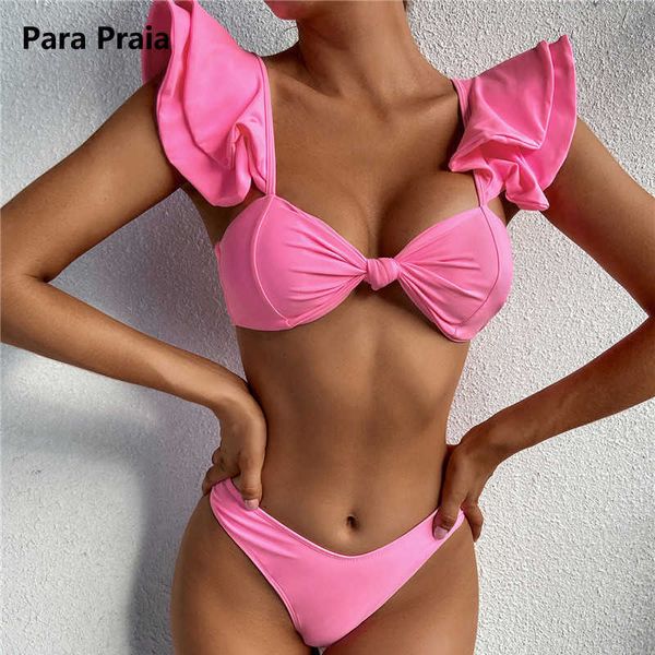 

bras sets para praia 2021 ruffled knotted pink bikini female swimsuit women swimwear two-pieces bikini set bow bather bathing suit t221206, Red;black