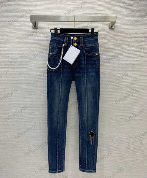 

jeans women pearl chain decoration fringe logo printing tight jean trousers soft elastic fabric high-waisted slim pants luxury designer wome, Blue