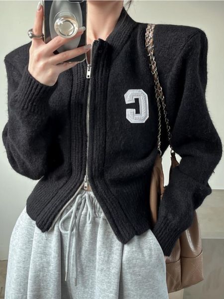 

women s knits tees deeptown y2k korean fashion zipper knitted cardigan women vintage v neck cropped sweater elagant slim all match chic jac, White