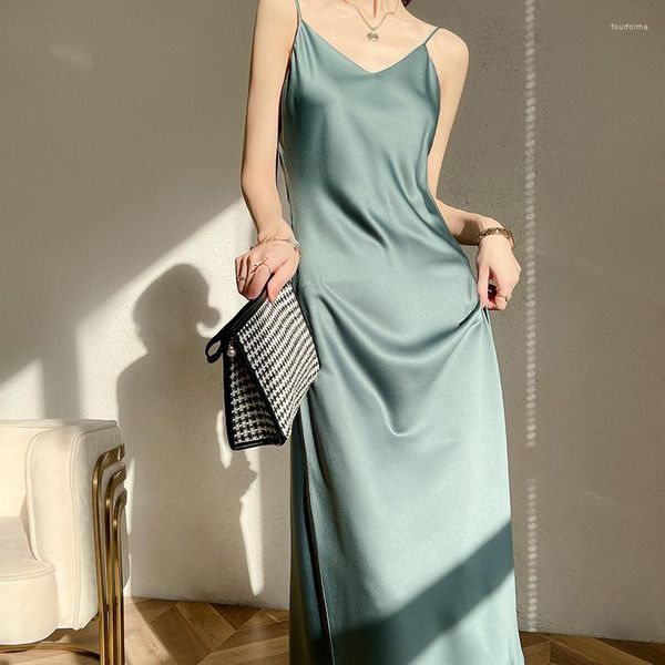 

casual dresses women's long satin slip dress summer backless suspender skirt ladies black evening base silky sleeping wear, Black;gray