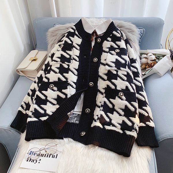 

women s knits tees houndstooth sweater coats autumn winter s cardigan women knitted mujer jackets 221206, White