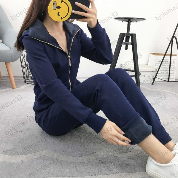 

juicy tracksuit womens two piece pant lapel zipper open solid color slim jacket elastic waist add fleece and thicken warm trousers casual jo, White