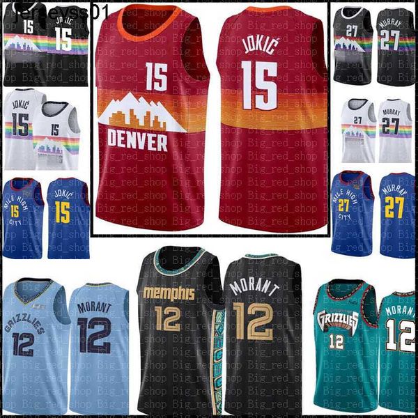 

15 nikola mens jersey jokic basketball jerseys jamal 27 murray ja 12 morant jersey red black blue white green grey, Black;red