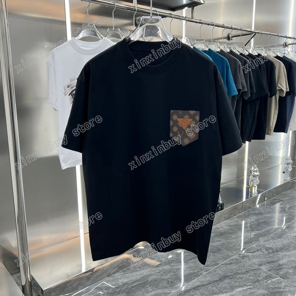 

xinxinbuy men designer destroyed tee t shirt paris leather pocket letters print short sleeve cotton women white black xs-2xl, Black;brown