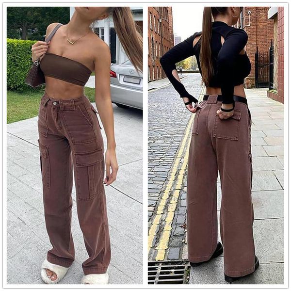 

women s jeans black and brown women high waist straight fashion loose denim cargo pants street casual trousers s xl drop ship 221206, Blue