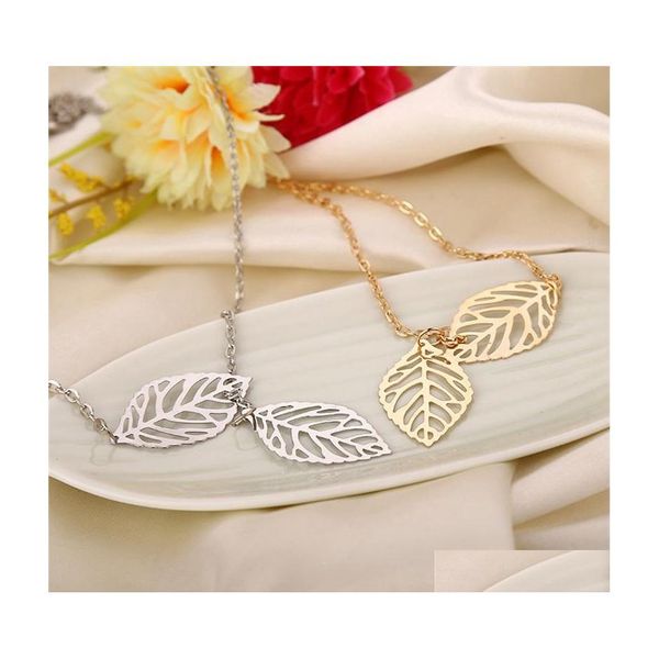 

pendant necklaces simple european fashion vintage punk gold hollow two leaf leaves pendant necklace clavicle chain charm jewelry wom dhkwj, Silver