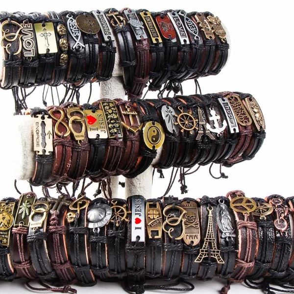 

charm bracelets wholesale 30pcs bulk lots mix styles metal leather cuff bracelets men's women's jewelry party gifts color multicol, Golden;silver