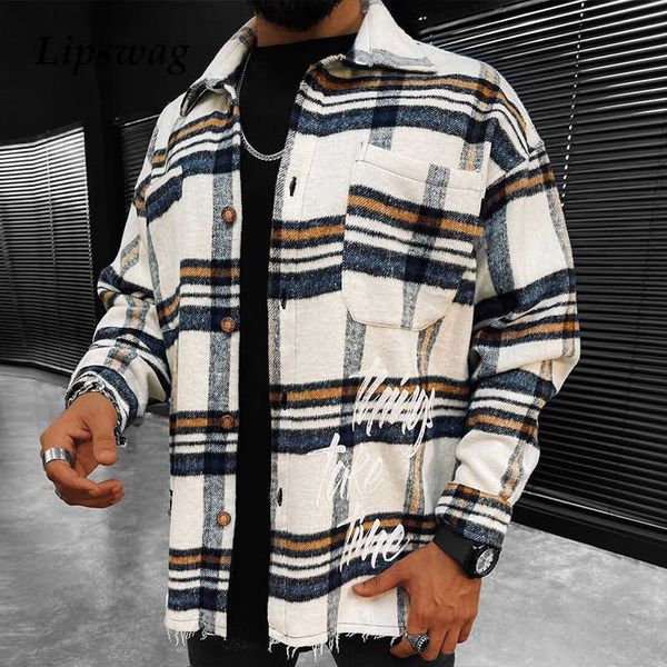

men's jackets winter casual long sleeve buttoned coats men 2022 harajuku printed outerwear autumn fashion turn-down collar plaid jacket, Black;brown