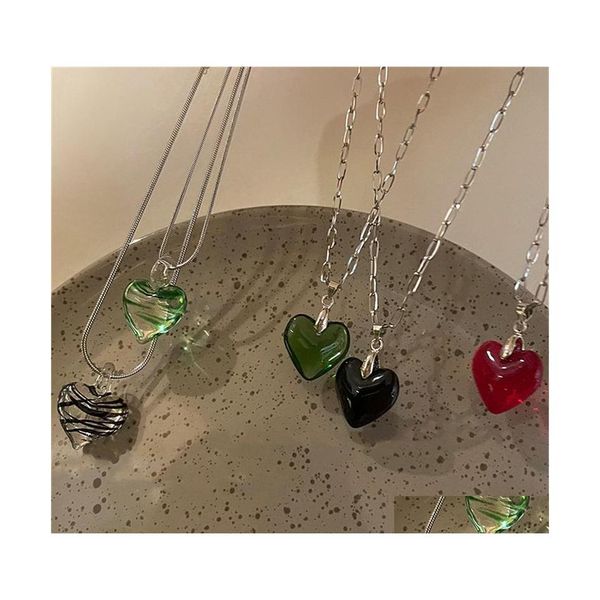 

pendant necklaces green black zebra stripe glass heart pendant necklace for women chokers unusual chain necklaces aesthetic jewelry dhahr, Silver