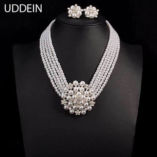 

wedding jewelry sets uddein est bride necklace multilayer imitation pearl chain big flower women statement 221207, Slivery;golden