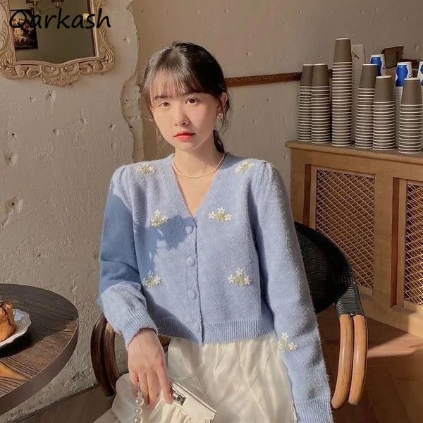 

women's knits tees sweaters women cardigan v-neck all-match simple ladies knitwear vintage embroidery sweet college preppy style spring, White