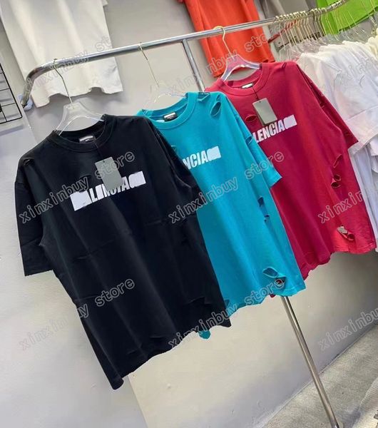 

xinxinbuy men designer destroyed tee t shirt paris spring hole letters print short sleeve cotton women red white black xs-l, Black;brown