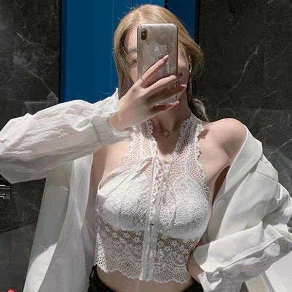 

shake fast live broadcast perspective sling vest women's suit with underlay lace bandeau hollow out sweet and spicy bandage back, White