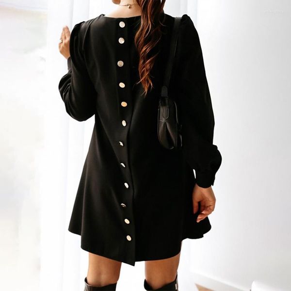 

casual dresses women back metal buttons o-neck shirt mini dress long sleeve a-line tunics female 2022 spring summer vestidos oversized, Black;gray