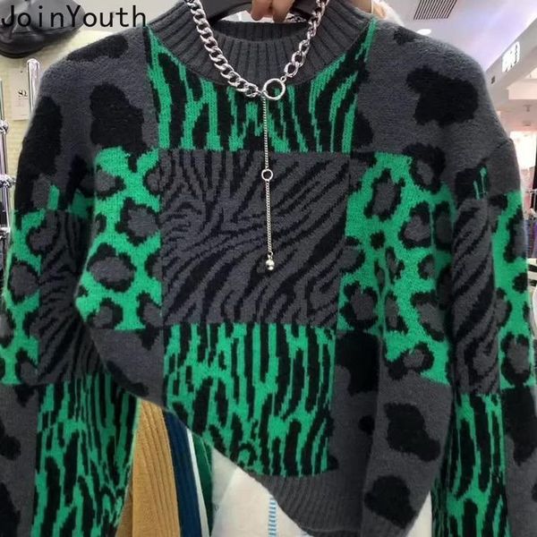 

women s sweaters fall clothing pullovers fashion for women vintage leopard print knit korean loose jumper sueter de mujer 221206, White;black