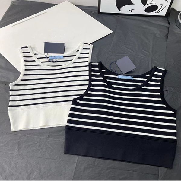 

striped knitted cropped tank summer women round collar sleeveless slim stretch knitwear vests suspenders knit small vest women's strip, White