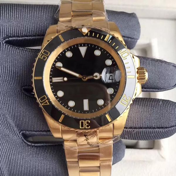 

mens watch automatic mechanical 40mm stainless steel strap gold color ceramic bezel black dial glide lock flod clasp sapphire glass, Slivery;brown