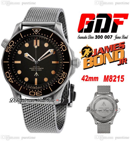 

gdf 007 james bond m8215 automatic mens watch no time to die steel case black ceramic dial mesh strap 210.90.42.20.01.001 2022 puretime, Slivery;brown