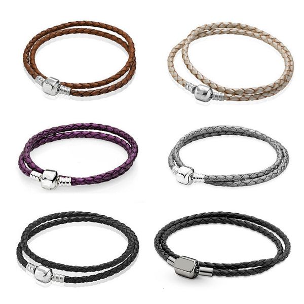 

chain lr pan double loop leather bracelet for women s925 sterling silver buckle fit original beads for jewelry making planet war diy 221206, Black
