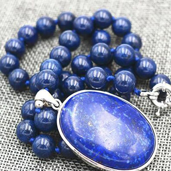 

beautiful 8mm blue lapis lazuli beads 13x25mm pendant necklace 18 ", Silver